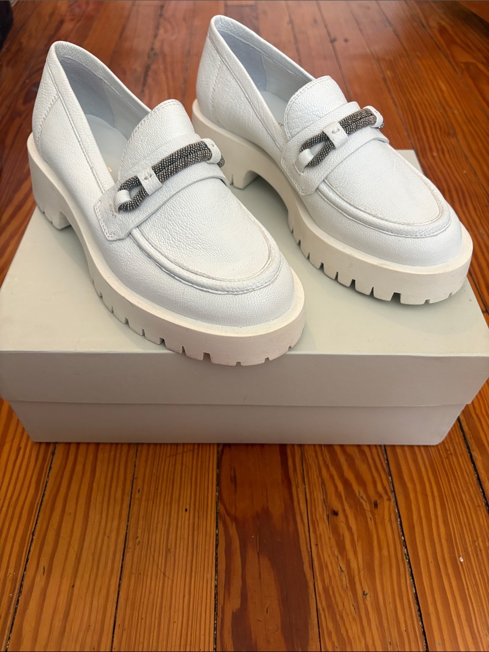 White Lug-Sole Chain Accent Loafers - Women's